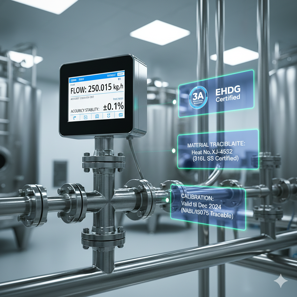 Sanitary stainless steel pharmaceutical piping with flow meters